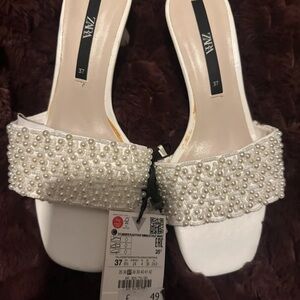 ZARA White Pearl-Embellished Slide Mules